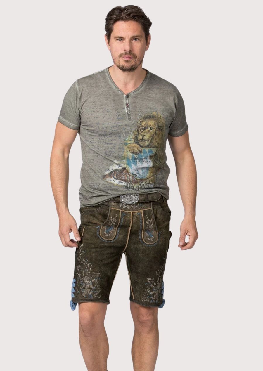 mens lion lozenge lederhosen shorts crafted from goatskin suede with blue embroidery and Oktoberfest charm