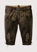 Men's Dark Brown Bundhosen Floral Trim with floral embroidery, knee tie closures, traditional Bavarian craftsmanship, and Oktoberfest styling