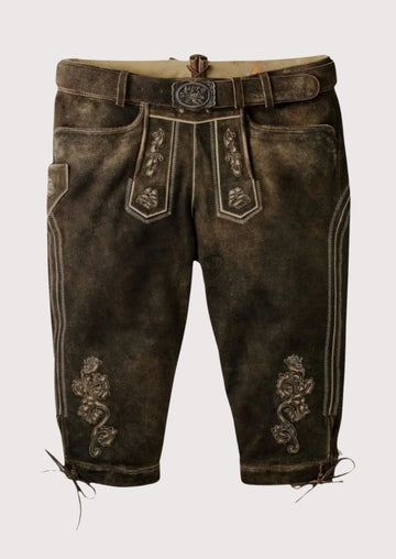 Men's Dark Brown Bundhosen Floral Trim with floral embroidery, knee tie closures, traditional Bavarian craftsmanship, and Oktoberfest styling