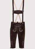Men's Dark Brown Bundhosen Heart Scroll with embroidered suspenders, traditional Bavarian design, Alpine craftsmanship, and Oktoberfest styling