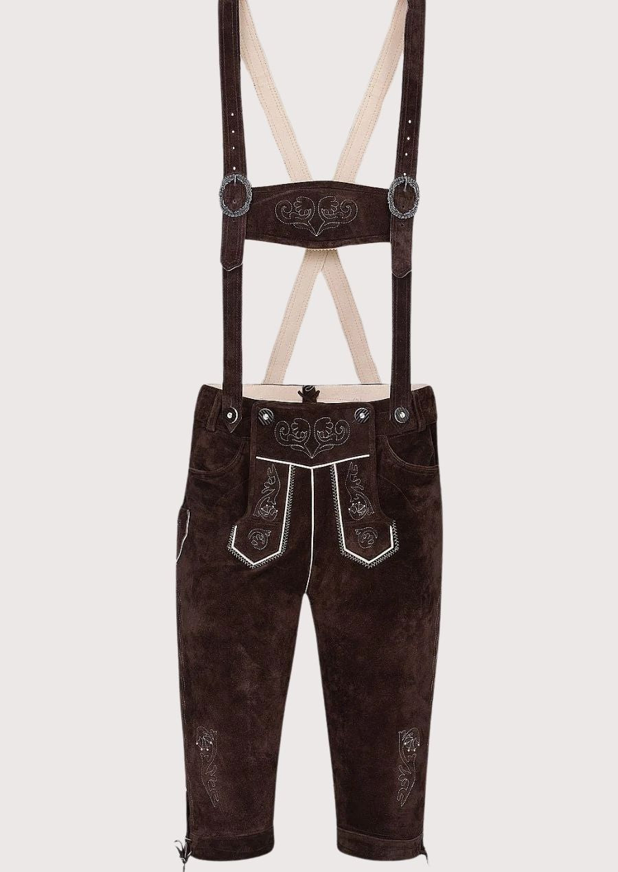 Men's Dark Brown Bundhosen Heart Scroll with embroidered suspenders, traditional Bavarian design, Alpine craftsmanship, and Oktoberfest styling