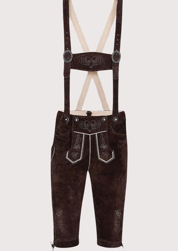 Men's Dark Brown Bundhosen Heart Scroll with embroidered suspenders, traditional Bavarian design, Alpine craftsmanship, and Oktoberfest styling