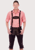Dark brown goatskin suede Bundhosen with embroidered suspenders, decorative front flap, and traditional Bavarian craftsmanship