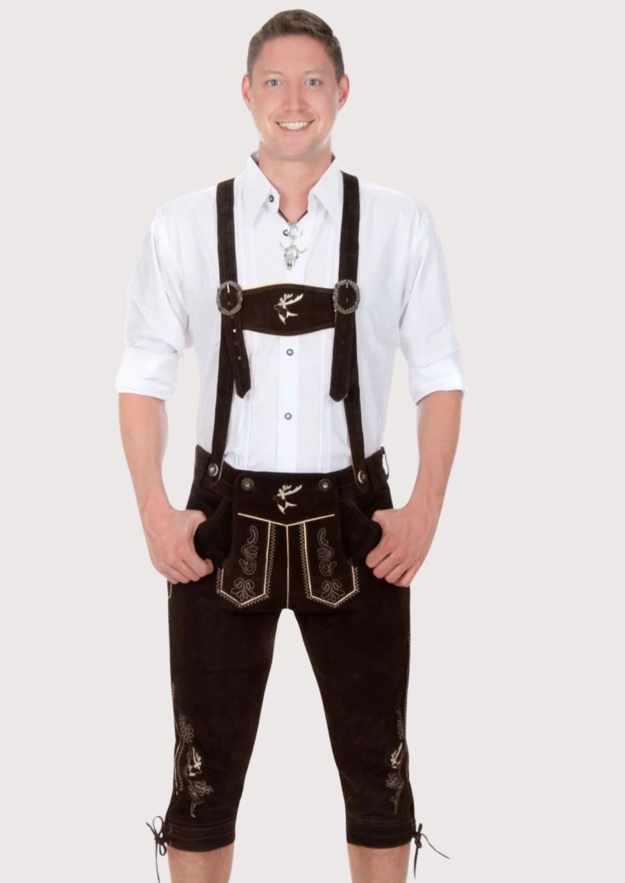 Men's Stag Embroidered Suede Bundhosen with stag embroidery, suspenders, knee-length Bavarian design, traditional Oktoberfest attire