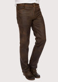 Dark brown leather Trachten pants for men featuring a slim fit silhouette, premium craftsmanship, and traditional Bavarian styling