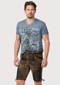 Dark brown goatskin suede lederhosen featuring black embroidery, side lace ties and traditional Bavarian styling