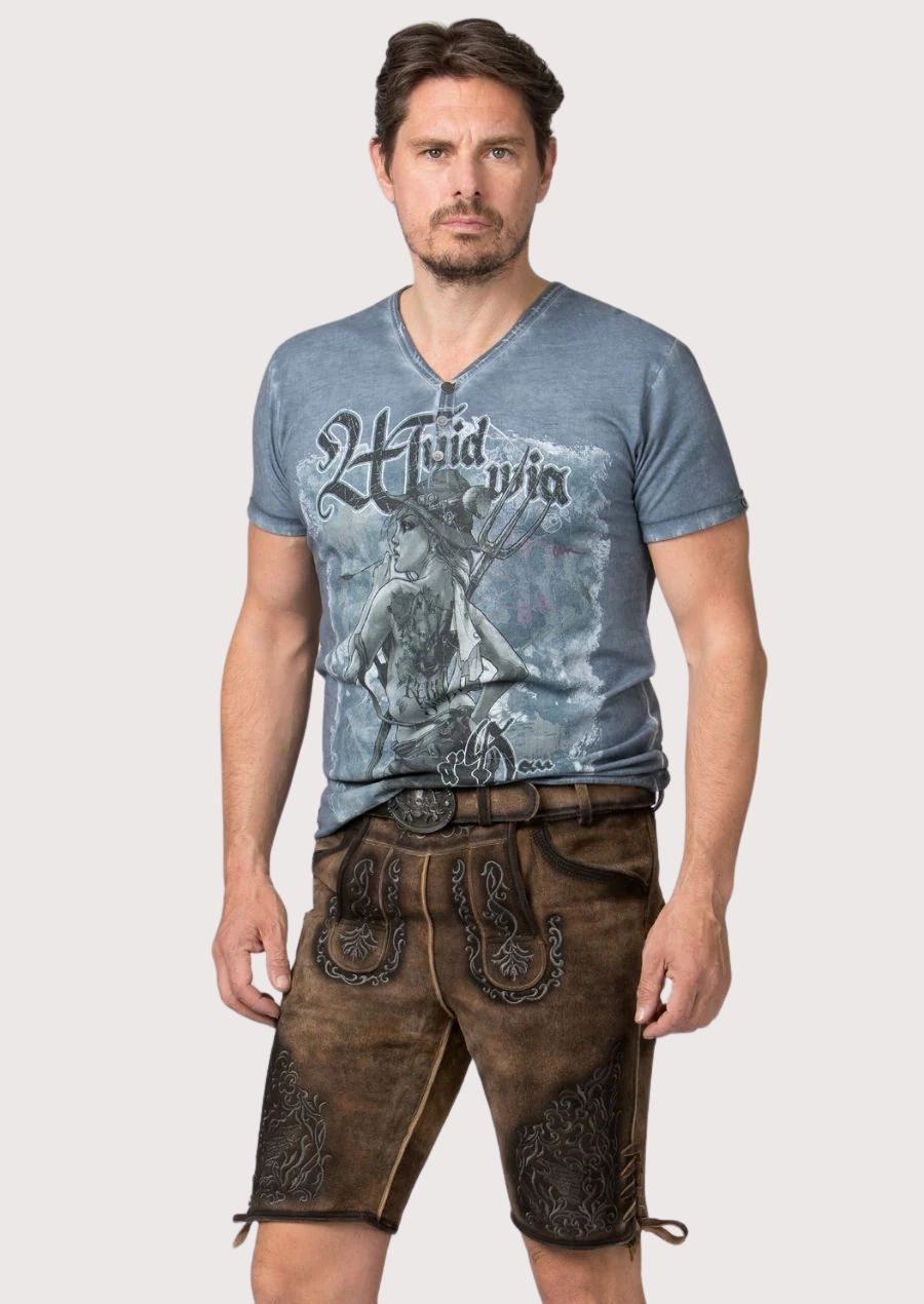 Dark brown goatskin suede lederhosen featuring black embroidery, side lace ties and traditional Bavarian styling