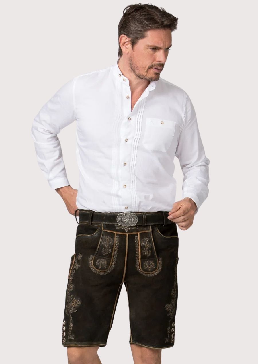 Premium dark brown lederhosen shorts with elegant embroidery and traditional German folkwear styling
