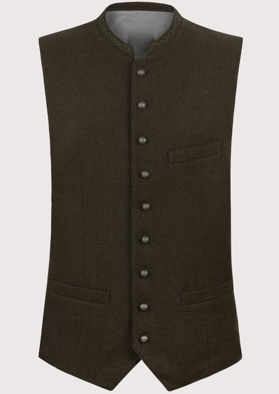 Dark brown wool trachten vest for men with stand collar, Bavarian waistcoat, Oktoberfest vest, beige lederhosen, traditional German clothing, Alpine heritage menswear.