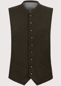 Dark brown wool trachten vest for men with stand collar, Bavarian waistcoat, Oktoberfest vest, beige lederhosen, traditional German clothing, Alpine heritage menswear.