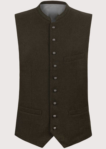 Dark brown wool trachten vest for men with stand collar, Bavarian waistcoat, Oktoberfest vest, beige lederhosen, traditional German clothing, Alpine heritage menswear.