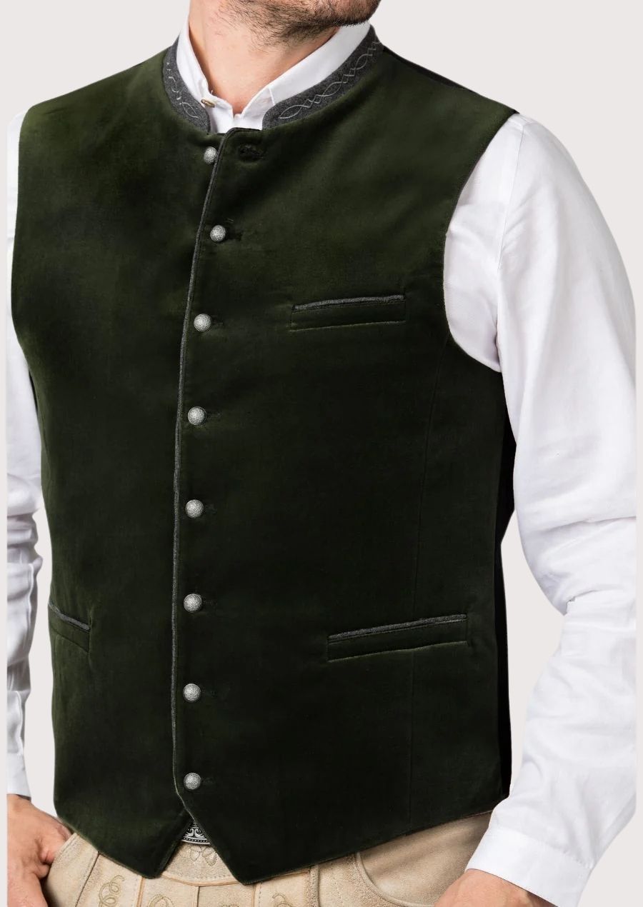 Dark green Bavarian velvet vest with metal buttons and pockets