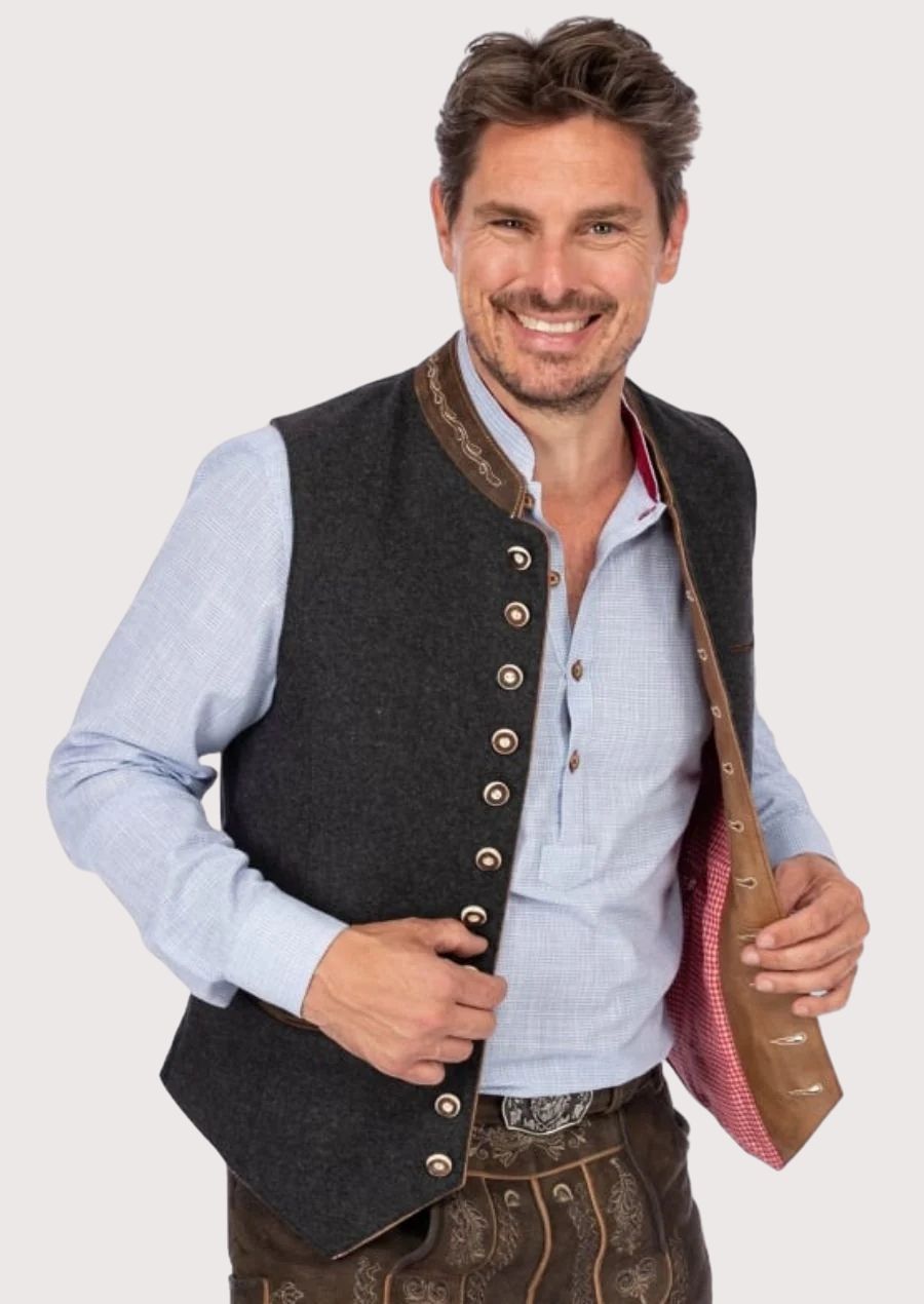 Dark grey Bavarian vest with metal buttons and stand collar