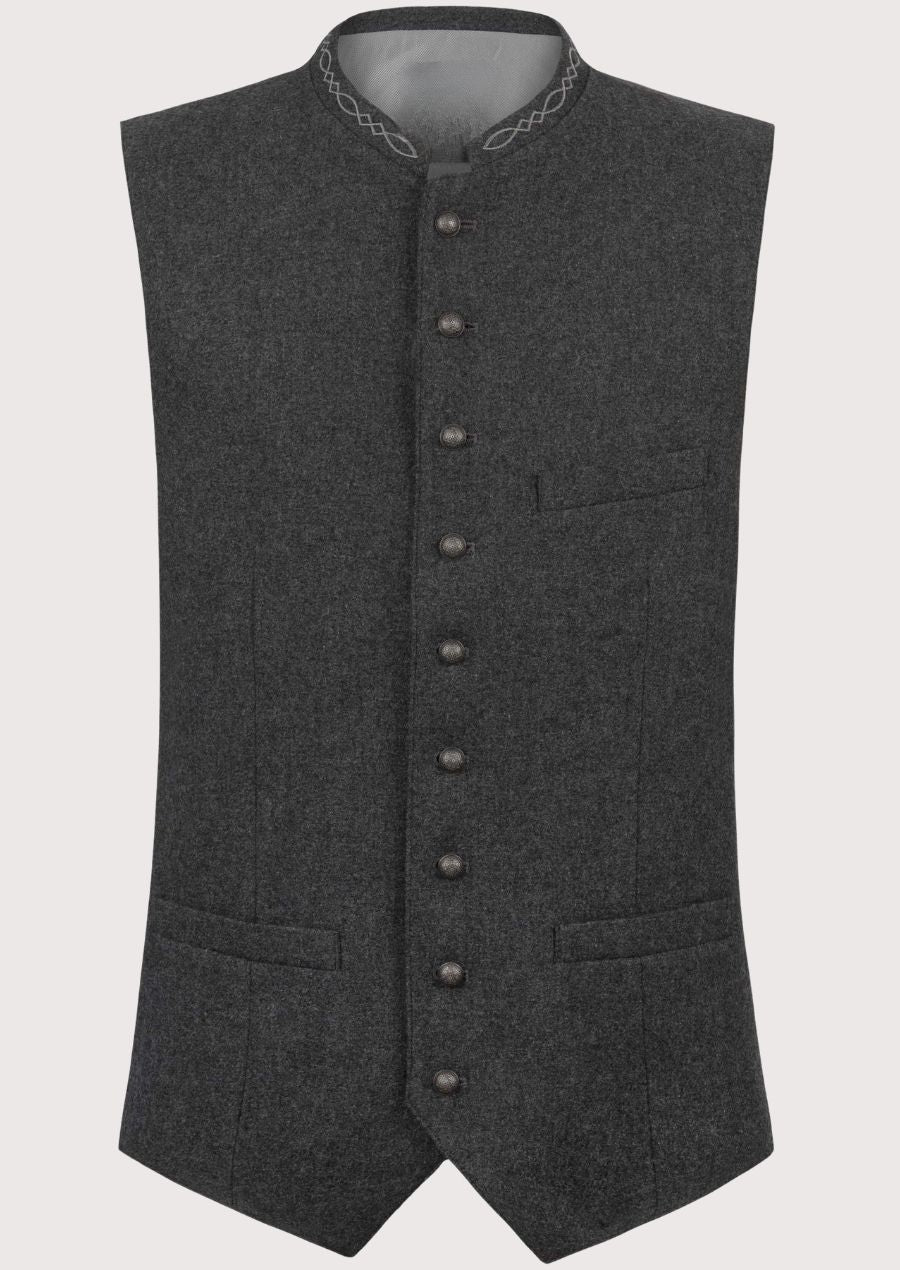 Dark Grey Bavarian Waistcoat Wool for men with stand collar, Bavarian wool waistcoat, traditional German Oktoberfest vest, Alpine heritage clothing, authentic Trachten menswear, premium Tyrolean waistcoat.