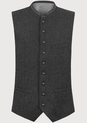 Dark Grey Bavarian Waistcoat Wool for men with stand collar, Bavarian wool waistcoat, traditional German Oktoberfest vest, Alpine heritage clothing, authentic Trachten menswear, premium Tyrolean waistcoat.
