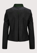 Dark grey women’s trachten jacket with green velvet collar and pearl-style buttons.