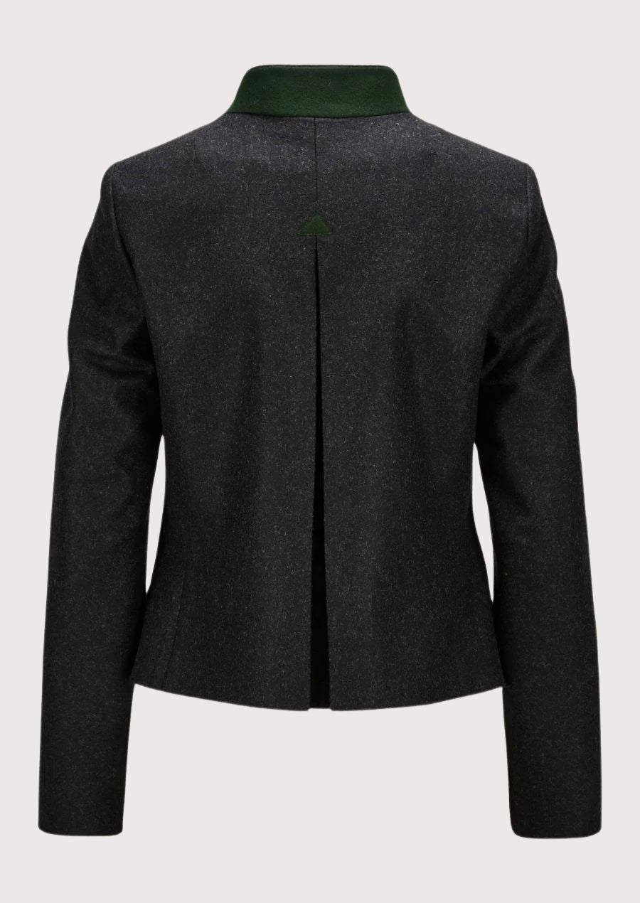 Dark grey women’s trachten jacket with green velvet collar and pearl-style buttons.