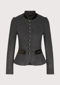 Dark grey women’s trachten jacket with fitted waist, stand collar, and classic alpine buttons.