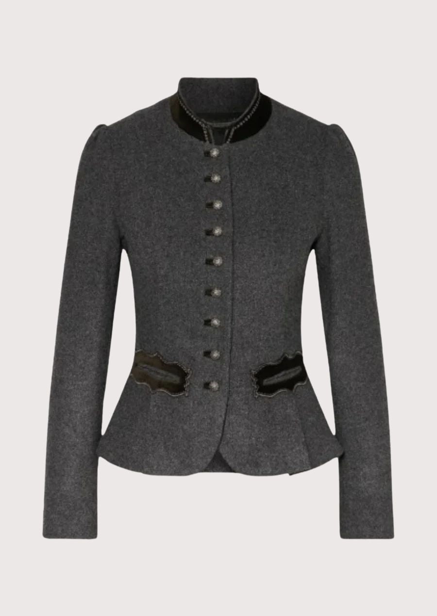 Dark grey women’s trachten jacket with fitted waist, stand collar, and classic alpine buttons.