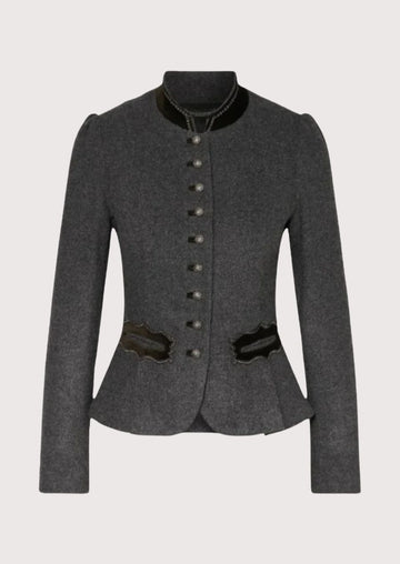 Dark grey women’s trachten jacket with fitted waist, stand collar, and classic alpine buttons.