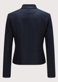 Dark navy women’s alpine blazer with stand collar and gold buttons.