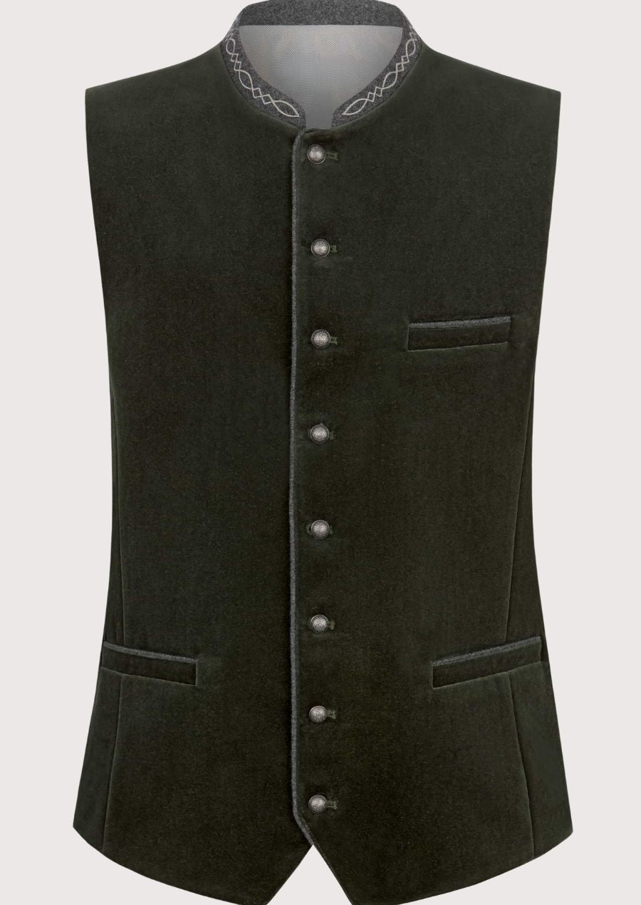 Dark olive alpine wool waistcoat with stand collar and button front