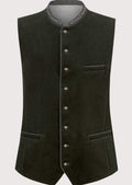 Dark olive alpine wool waistcoat with stand collar and button front