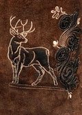 Men's brown goatskin suede lederhosen with matching suspenders and embroidered deer motifs in Bavarian style