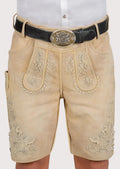 deer motif lederhosen in sand suede with decorative embroidery and timeless German folkwear appeal