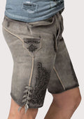 Distressed gray lederhosen crafted from premium suede with dark embroidery and Alpine character