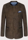 Men's brown suede Trachten jacket with blue trim, stand collar, decorative buttons, pocket square, Bavarian traditional jacket, Alpine formalwear, Oktoberfest clothing, German heritage fashion, and premium suede outerwear