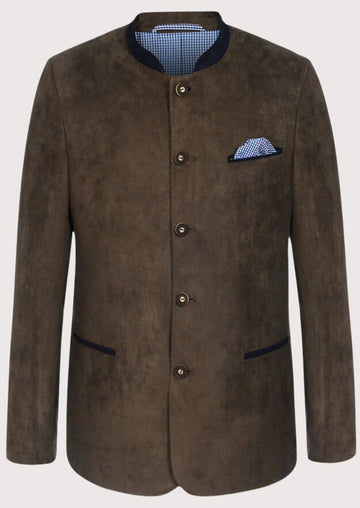 Men's brown suede Trachten jacket with blue trim, stand collar, decorative buttons, pocket square, Bavarian traditional jacket, Alpine formalwear, Oktoberfest clothing, German heritage fashion, and premium suede outerwear