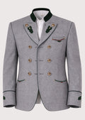 Men's Double Breasted Alpine Wool Jacket with green embroidered lapels, traditional Bavarian blazer, white dress shirt, black embroidered lederhosen, Oktoberfest outfit, Alpine heritage clothing, German traditional menswear, premium Trachten fashion, authentic Bavarian costume