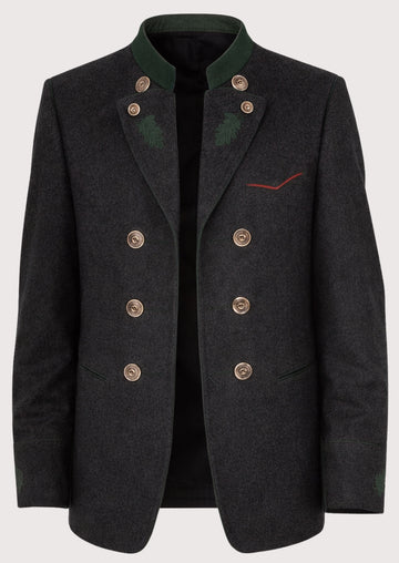 Men's Double Breasted Trachten Wool Coat with green embroidered lapels, double-breasted silver buttons, Bavarian blazer, traditional German jacket, Alpine formalwear, Oktoberfest clothing, heritage menswear, premium Trachten fashion, and authentic Bavarian style