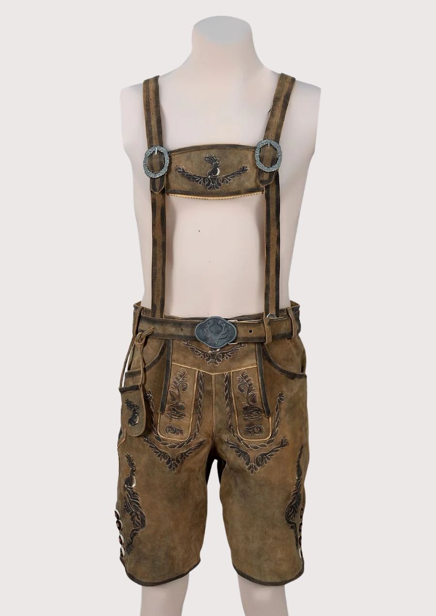 Eagle Motif Lederhosen With Braces, matching suspenders, intricate embroidery, and authentic Oktoberfest appeal