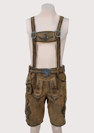 Eagle Motif Lederhosen With Braces, matching suspenders, intricate embroidery, and authentic Oktoberfest appeal