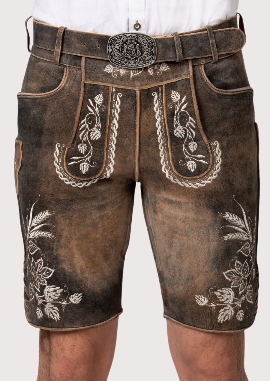edelweiss suede lederhosen in brown shorts with floral embroidery, premium suede and traditional detailing