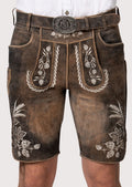 edelweiss suede lederhosen in brown shorts with floral embroidery, premium suede and traditional detailing