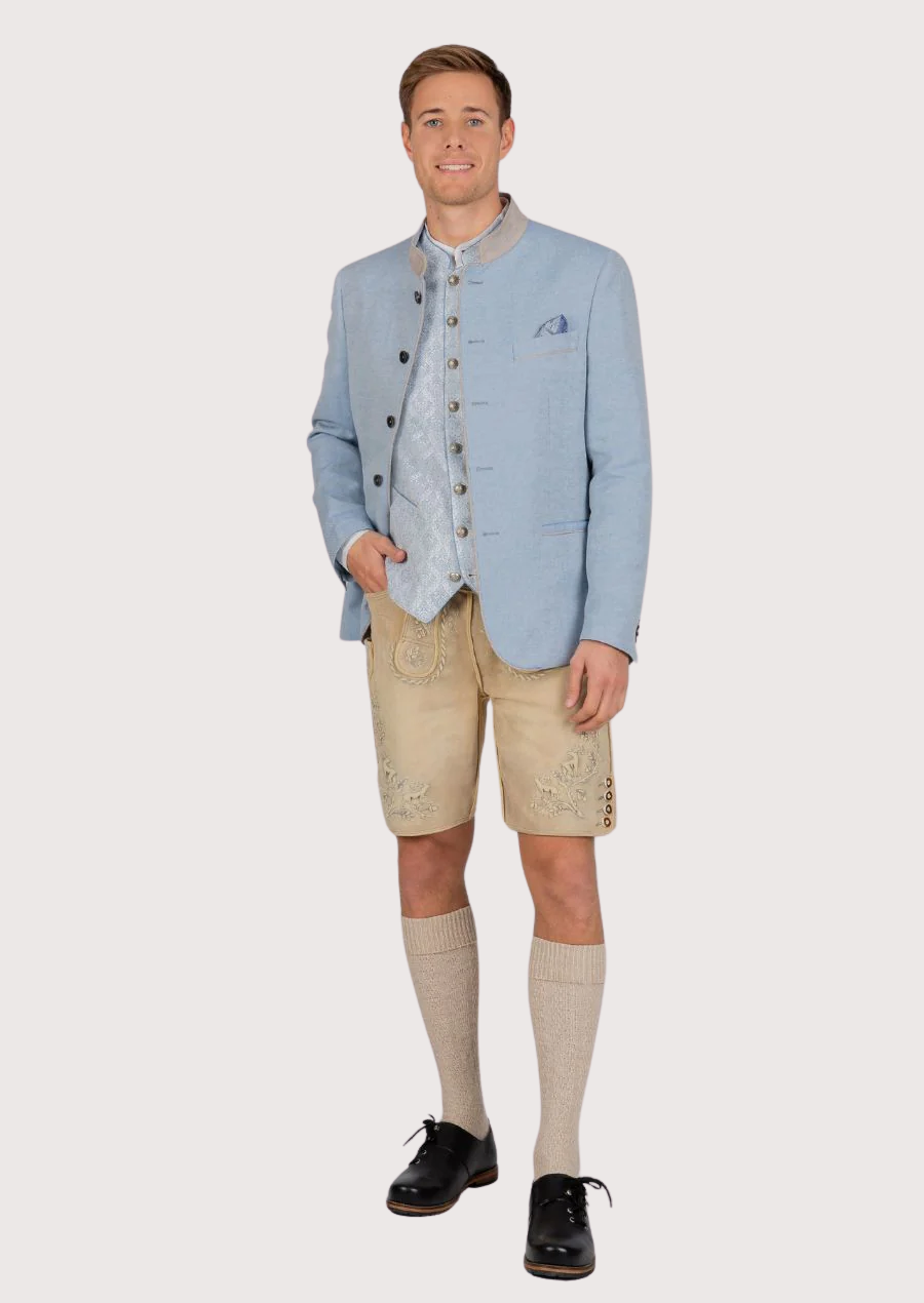 Elegant sky blue alpine jacket featuring beige trim and sleek buttons.