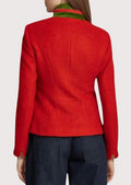 Elegant women’s alpine trachten jacket in red with heritage German detailing and refined craftsmanship.
