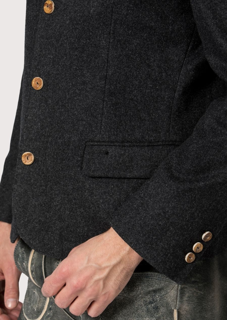 Elegant Bavarian charcoal jacket featuring natural wood buttons.