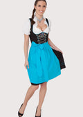 Elegant Bavarian Dirndl featuring a black embroidered bodice, turquoise blue apron, decorative corset lacing, and feminine Alpine design.