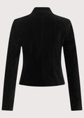 Black women’s minimalist jacket with stand collar and clean lines.