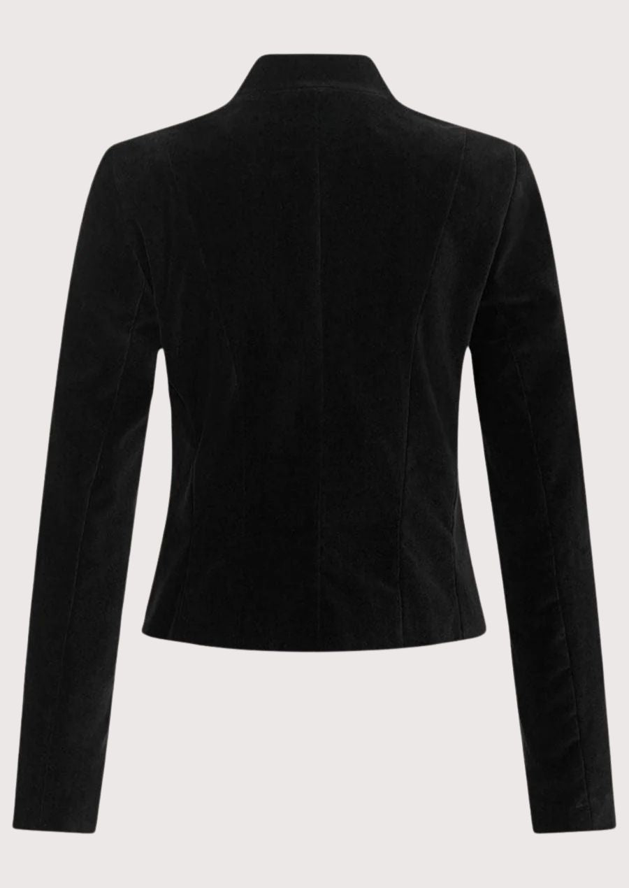 Black women’s minimalist jacket with stand collar and clean lines.