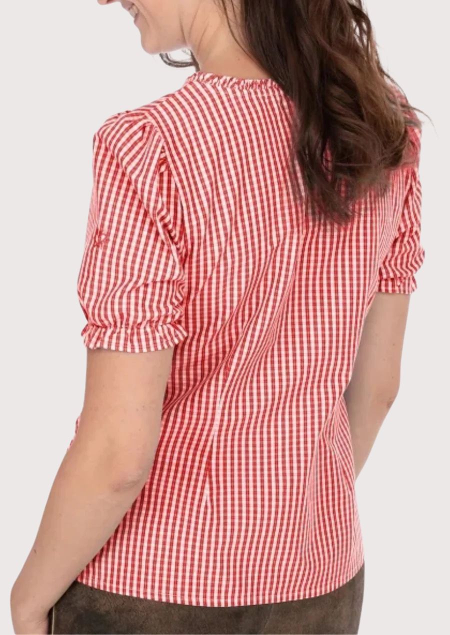 Women's elegant festival blouse with gingham pattern and lace details, ideal for traditional events."