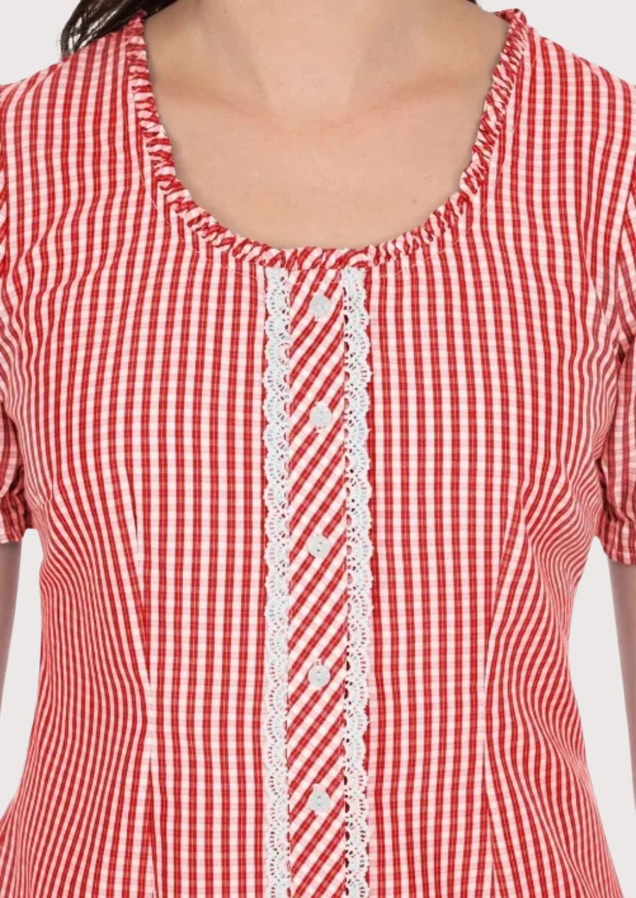 Stylish women's gingham blouse with puffed sleeves and lace trim, perfect festival wear.