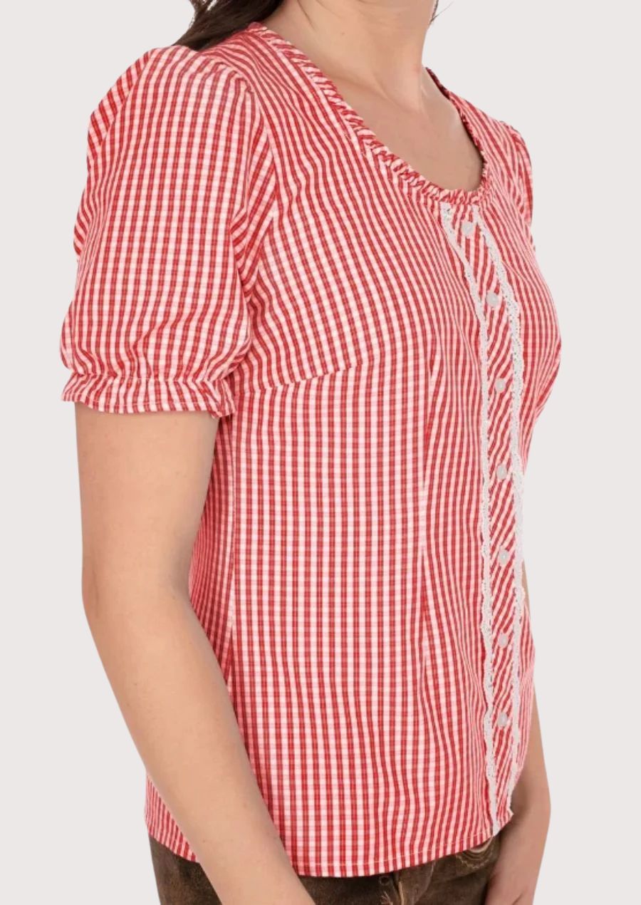 Classic gingham Dirndl blouse for women, featuring lace accents and a flattering fit.
