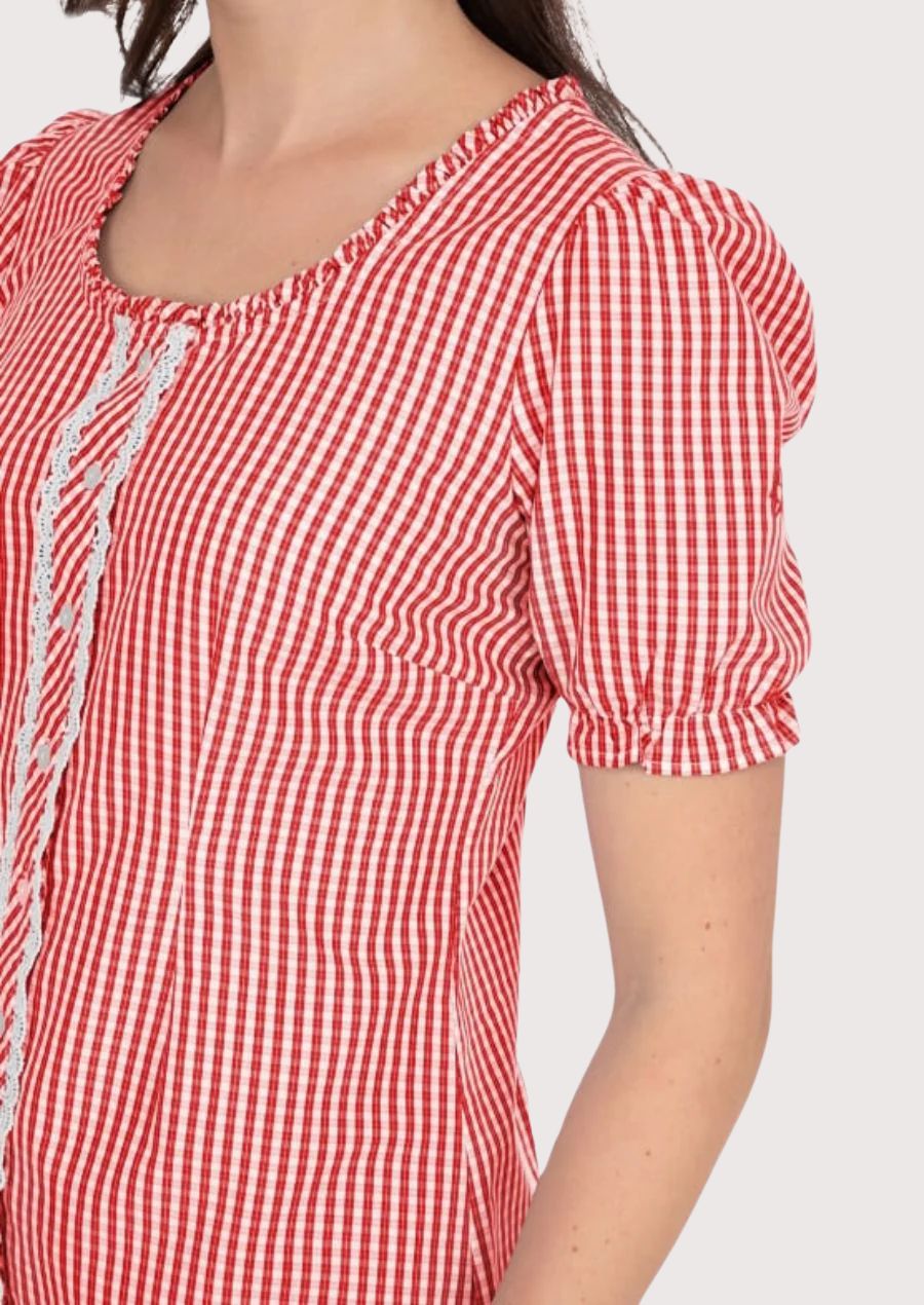 Festive Dirndl blouse in red gingham with lace detailing, designed for Oktoberfest and cultural gatherings.