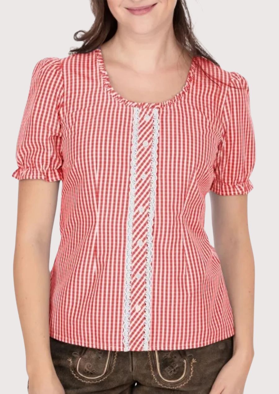 Elegant red gingham Dirndl blouse for women, perfect for festivals and cultural events.