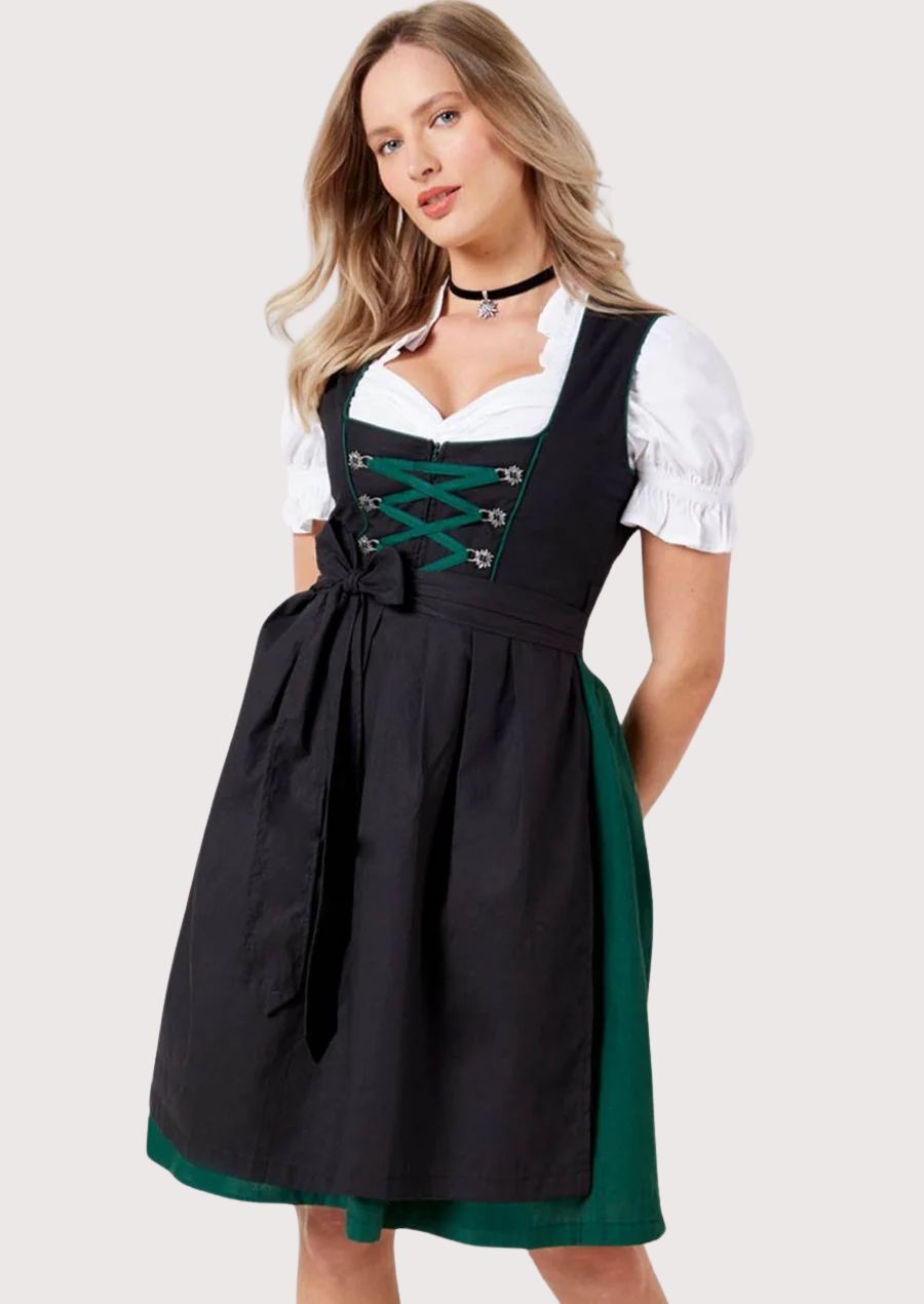 Classic folk dirndl green trim with black apron, lace-up corset bodice, white puff sleeve blouse, traditional Bavarian Oktoberfest outfit, authentic German Alpine clothing.